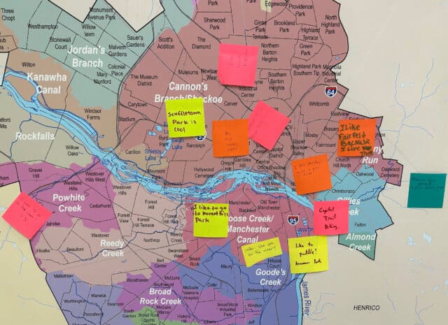 A large map of Richmond, Virginia with post-it notes describing what people like about certain locations