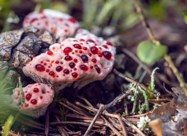 Close up image of devil tooth fungus on a forest floor with red extracellular fluid droplets sitting on top of the fungus