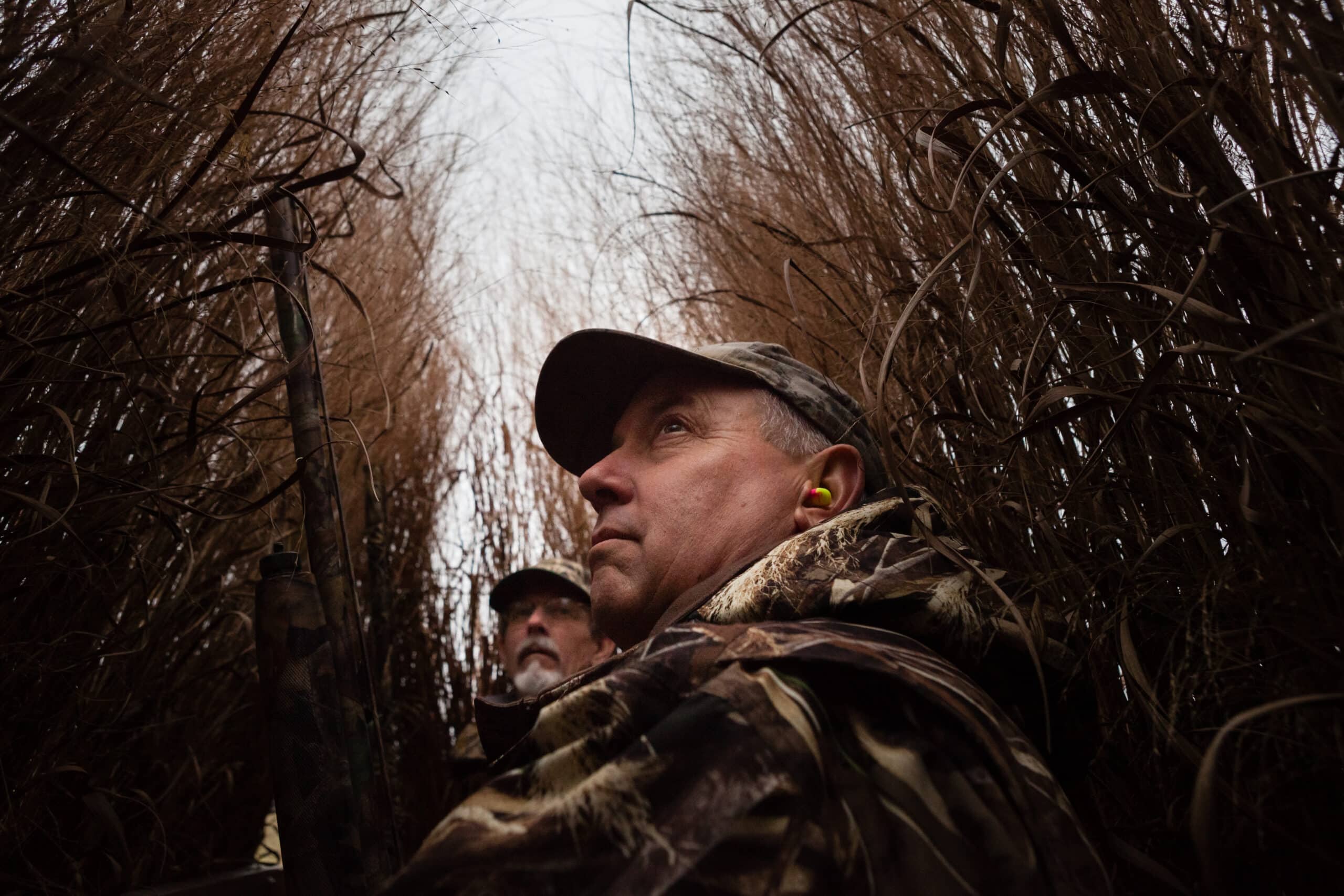 Two people crouched in a corridor of tall plants, looking up while hunting