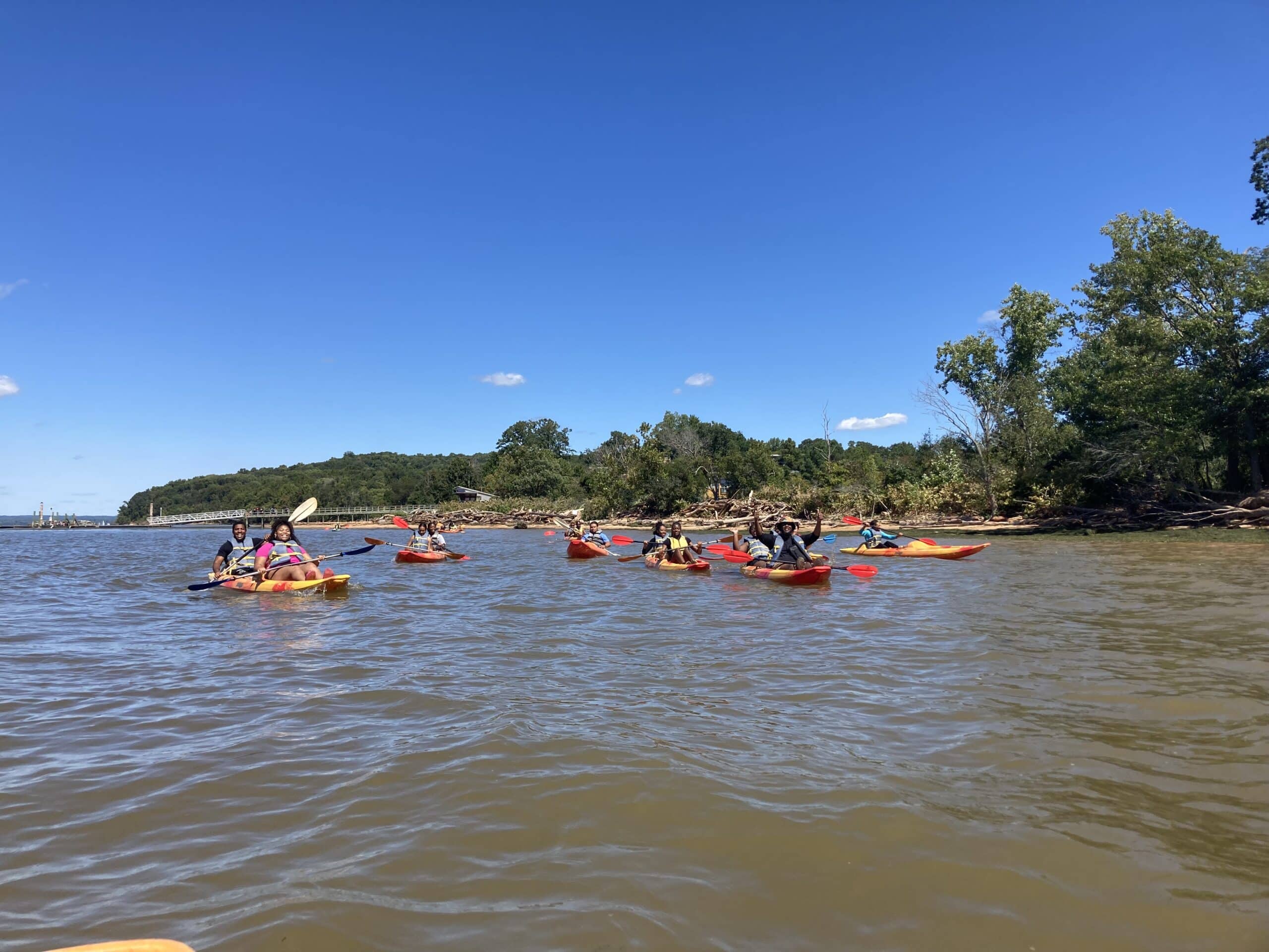 A large group of people kayaking with a tree line in the background