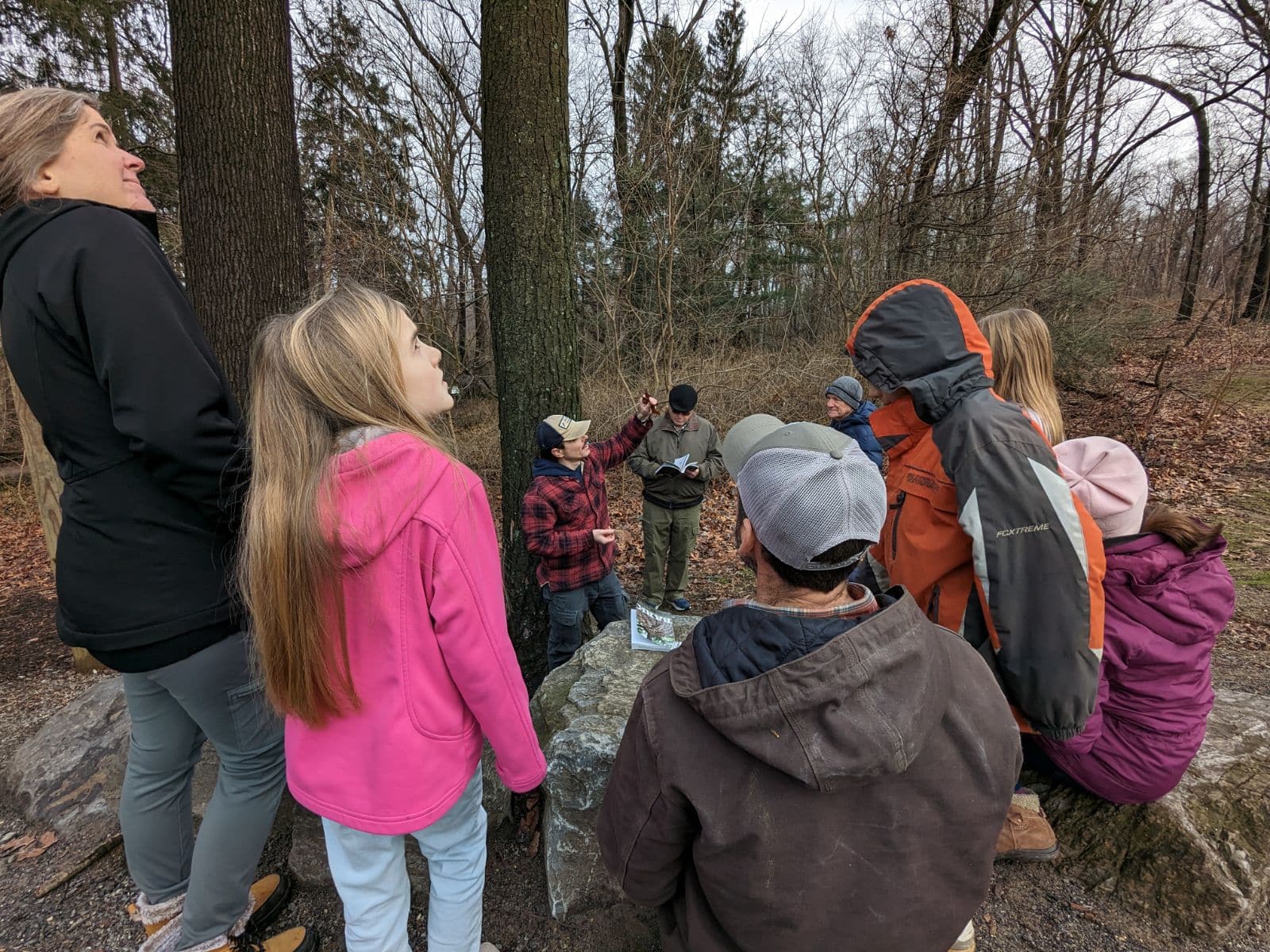 A group of people gather around a tree as someone speaks