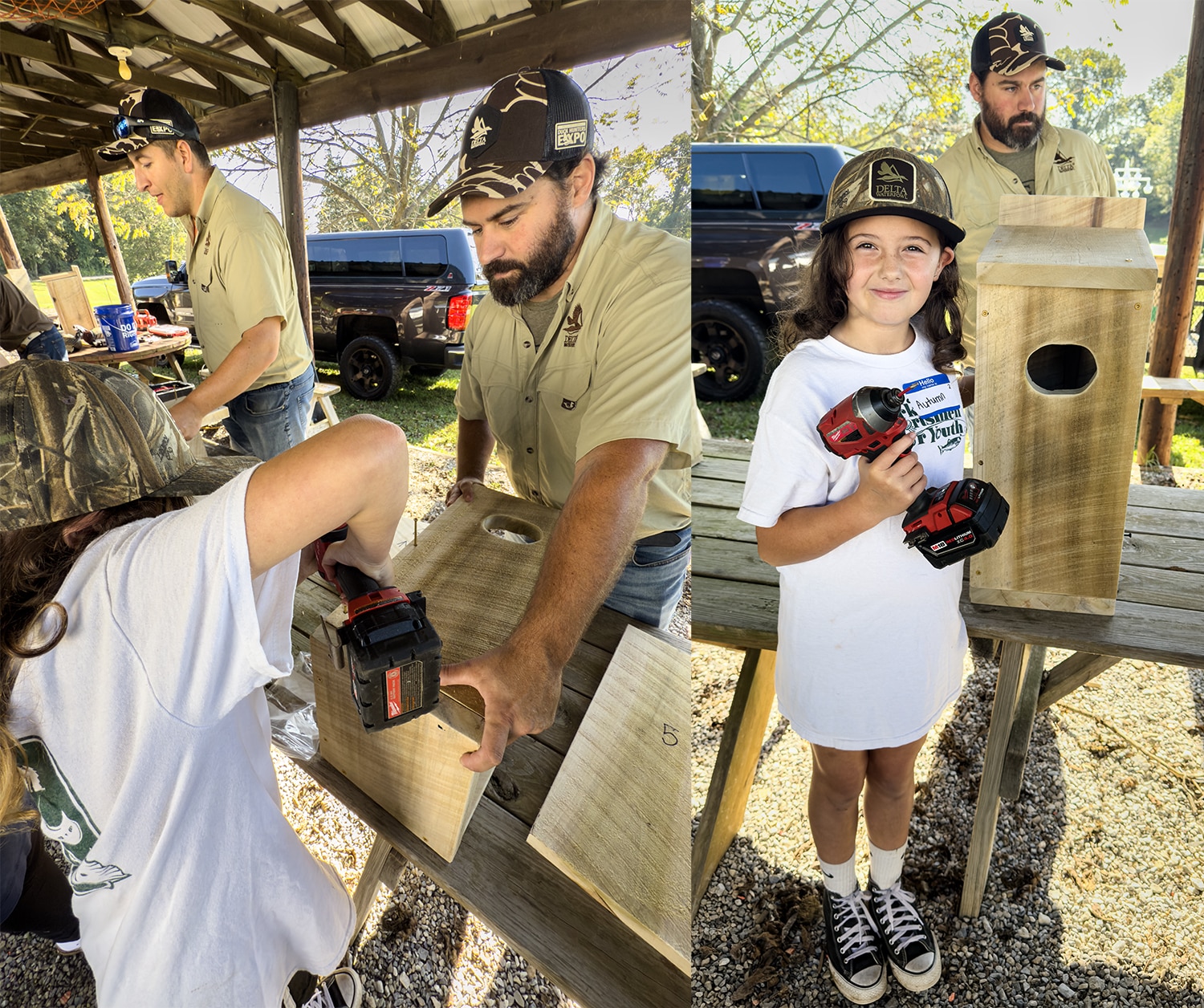 The author's daughter builds a Wood Duck nesting box during a youth conservation day hosted by Delta Waterfowl at Hopewell Fish and Game Association.