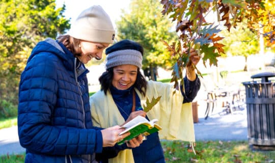 Two people smile while reading a book and holding a tree branch