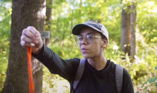 A person holding up a clear strip of plastic and looking through it