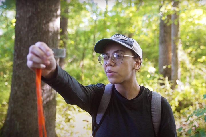 A person holding up a clear strip of plastic and looking through it