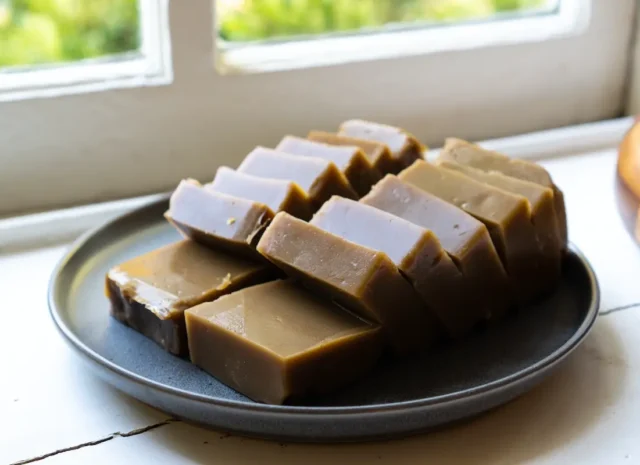 A plate of plain acorn jelly slices sitting on a plate resting on a table by a window.