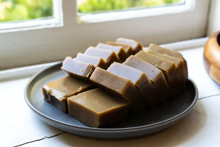 A plate of plain acorn jelly slices sitting on a plate resting on a table by a window.