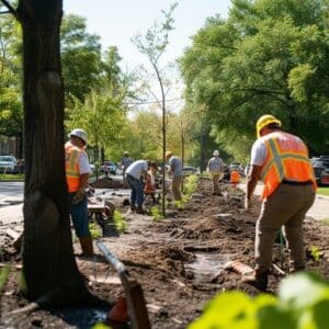 A group of people in hard hats and orange vests planting large trees along a street.