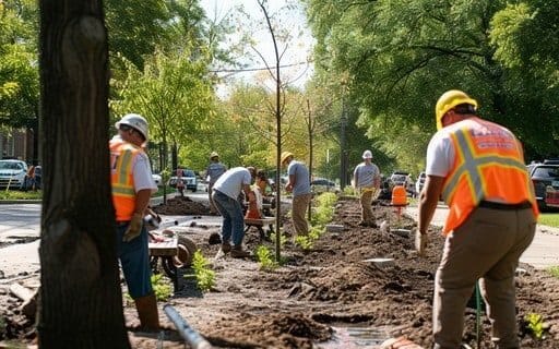 A group of people in hard hats and orange vests planting large trees along a street.