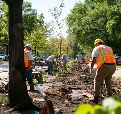 A group of people in hard hats and orange vests planting large trees along a street.